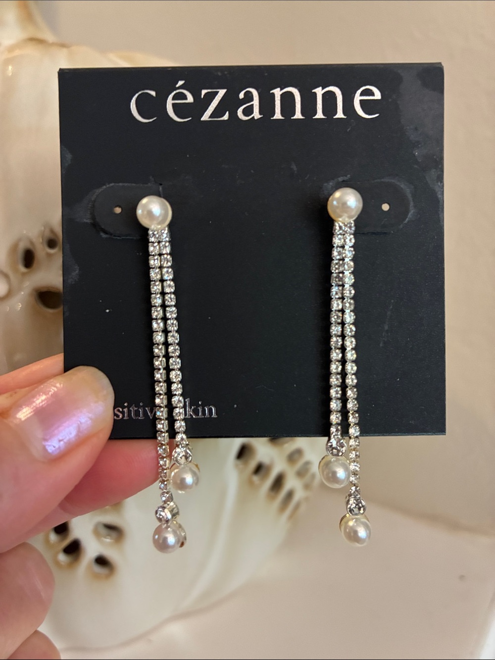 cézanne Silver Rhinestone Drop Earrings with White Pearls